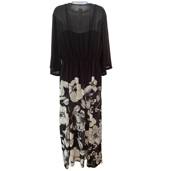 Jantzen 3/4 Sleeve Woven Maxi Duster Cover Up Black Floral Size M - Picture 4 of 15